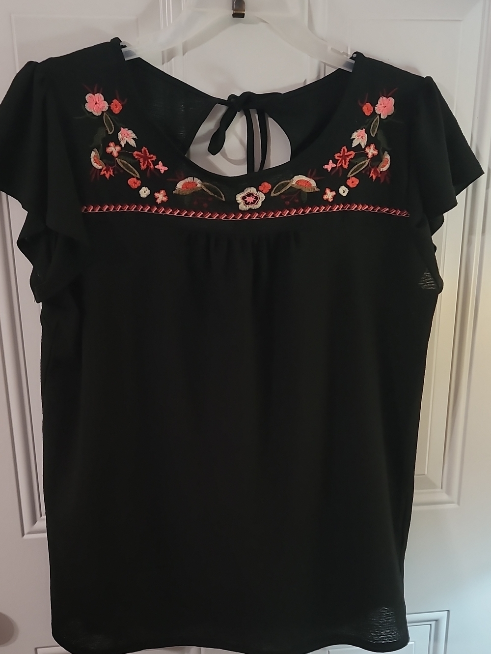 Embroidered Flutter Sleeve Women’s Top - Black with Pink Floral Detail